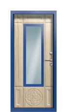 Дверь Termo Decoline Сатиновое дерево RAL 5005 стеклопакет решётка карниз вид внутри