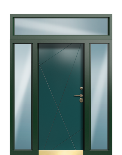 Дверь в коттедж TermoWood с боковыми и верхней фрамугами, Collori RAL 9005, Collori Зеленое сукно
