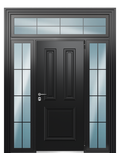 Дверь в коттедж TermoWood с боковыми и верхней фрамугами, Collori RAL 9005, Collori RAL 9003