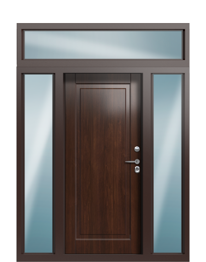 Дверь в коттедж TermoWood с боковыми и верхней фрамугами, Collori RAL 7009, Decoline Кофейное дерево