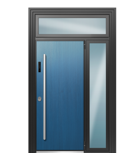Дверь в коттедж TermoWood с боковой и верхней фрамугами, Woodline Темно-синий, Woodline Белая эмаль