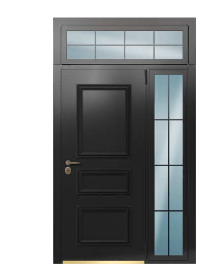 Дверь в коттедж TermoPlus с верхней и боковой фрамугами, RAL 9005, Collori Слоновая кость